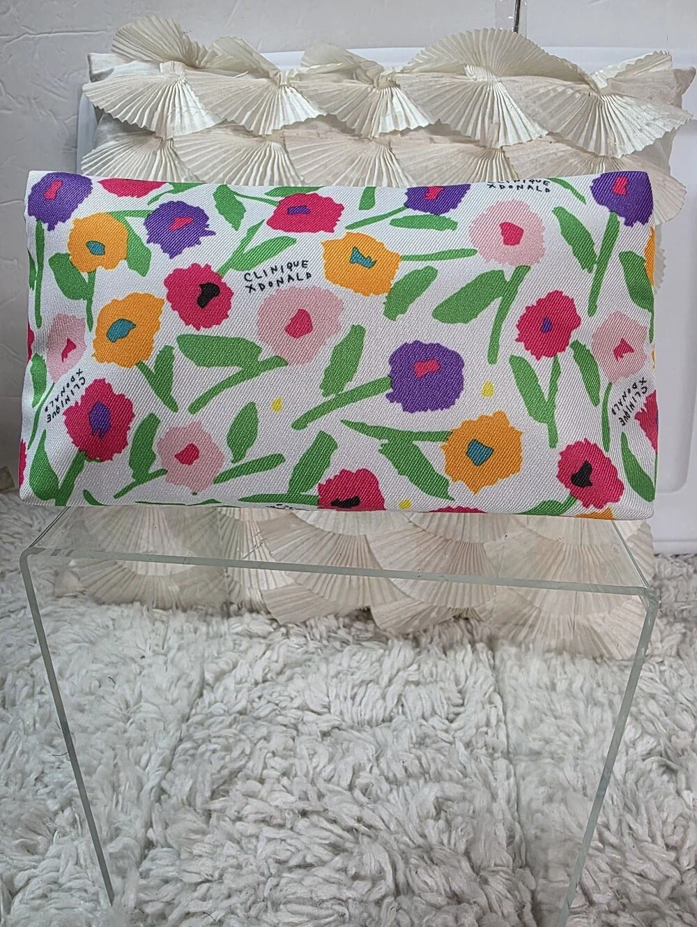 Clinique Floral Cosmetic Bag in White with Pink, Purple & Orange Blooms